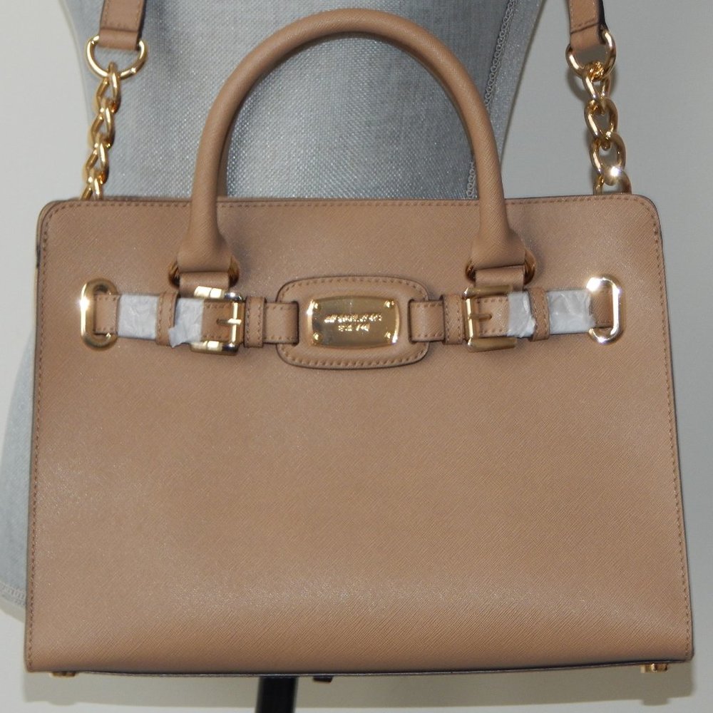 NWT MICHAEL KORS HAMILTON LEATHER EW KHAKI CHAIN SATCHEL CROSSBODY HANDBAG - Picture 2 of 8